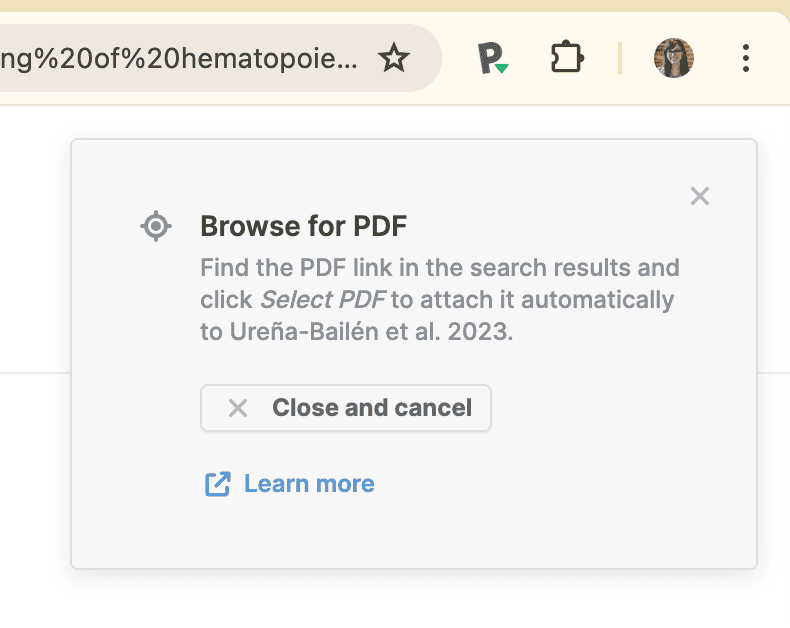 A “Browse for PDF” overlay on a publisher page instructing you to find the PDF link and click “Select PDF” to attach it automatically to Ureña-Bailén et al. 2023, with “Close and cancel” and “Learn more”.